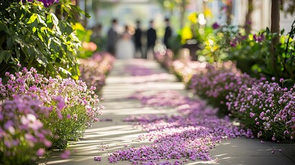 Obraz premium soft-focus shot of Gypsophila flowers used in a wedding aisle decoration, with small clusters of blooms scattered along the floor to create a delicate, floral pathway. Gypsophila 