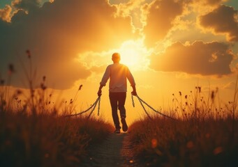 Man walking away with chains towards a sunset in a tranquil landscape