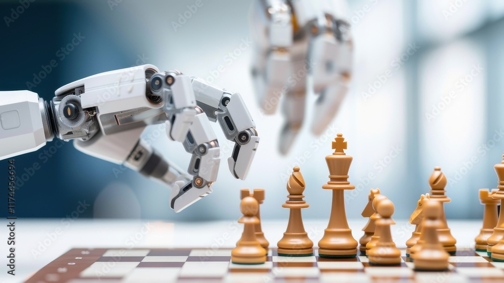 Poster a robotic hand plays chess, showcasing the intersection of technology and strategy in a modern game 