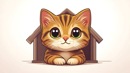 Adorable Orange Kitten Peeking From Its Wooden House