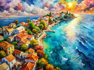 Fototapeta premium Aerial View Watercolor Painting on Paper, Artistic Brushstrokes, Colorful Abstract Art