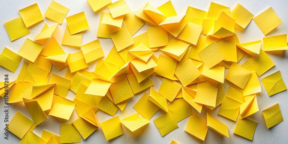 Poster aerial view: yellow paper notes on white background - copy space for text and design