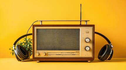 Vintage radio with headphones and plant on yellow background.