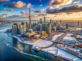 Obraz premium Aerial Winter Wonderland: Toronto Cityscape, Snowy Streets & Frozen Lake Ontario