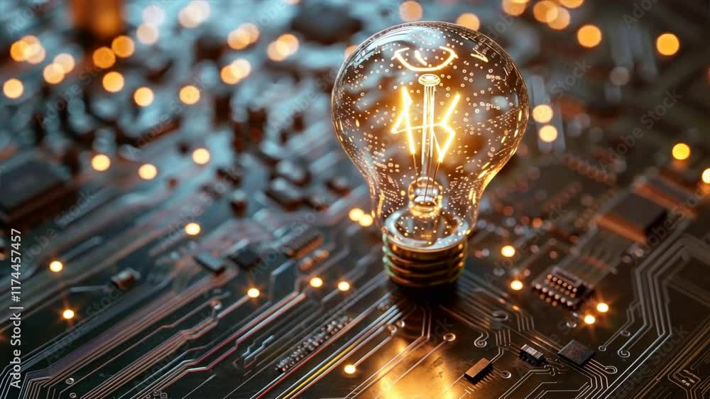 Poster glowing light bulb on circuit board modern design of innovation and technology, showcasing creativit