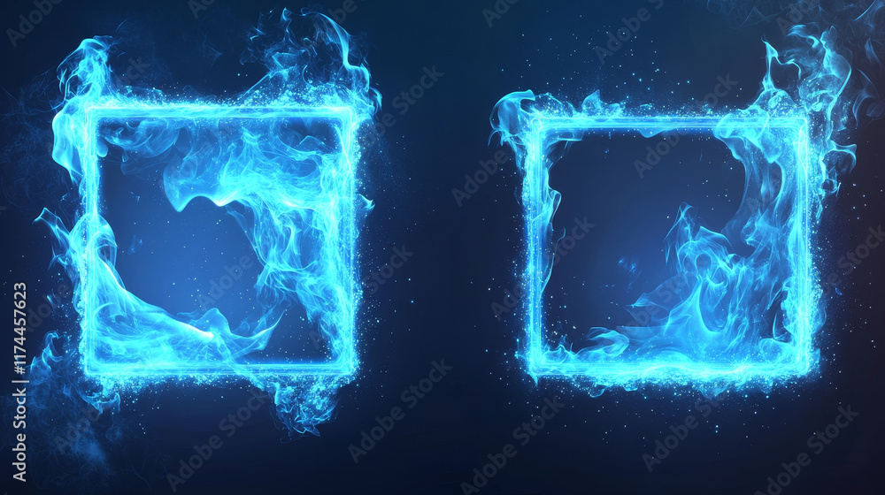 Poster square and round blue fire frames png isolated on transparent background. realistic vector illustrat