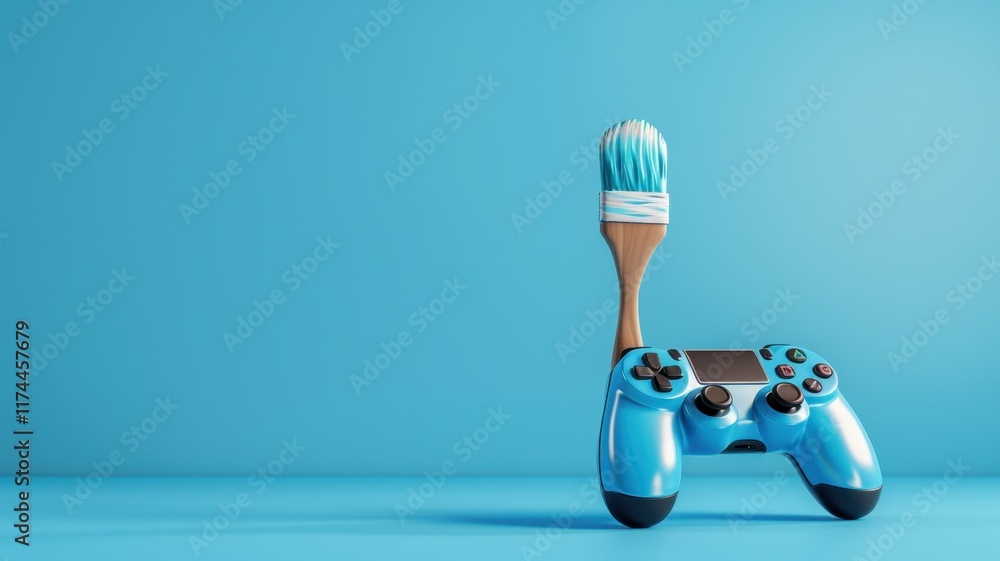 Poster a blue video game controller with a paintbrush on top, set against a matching blue background, creat