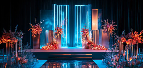 A contemporary wedding stage with sleek metallic structures, abstract floral arrangements, and a glowing neon sign in the background.