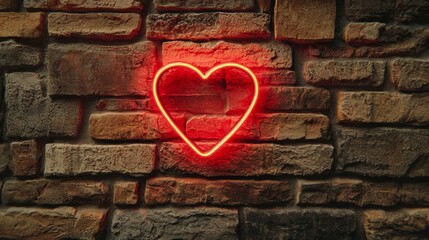 Neon Heart Symbol Illuminating Rustic Stone Wall in Warm Red Glow for Emotional and Romantic Themes
