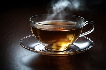 A steaming amber tea cup on a dark wooden table, surrounded by a soft, dim glow