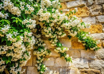 Alacati Turkey Jasmine Blooming Stone Wall Double Exposure Stock Photo