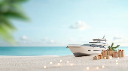 Naklejka premium Luxury Yacht with Gifts on Sandy Beach