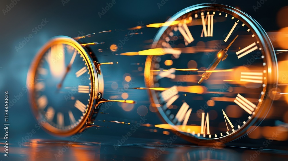 Poster a dynamic portrayal of clocks, emphasizing the concept of time with vibrant motion and glowing eleme