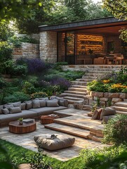 Naklejka premium Stunning Wide Shot Photo: Serene Backyard Oasis with Cascading Stone Steps and Lush Greenery. AI Generated