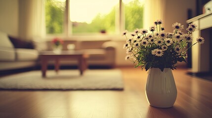 Fototapeta premium vase filled with a mix of star-shaped blossoms in a modern living room setting, evoking elegance and style. Aster 