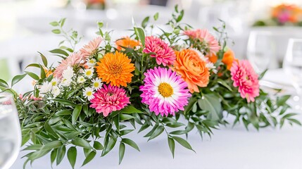 floral centerpiece featuring bright star-shaped flowers, set against a white tablecloth at a formal event. Aster 