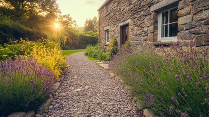 Obraz premium Serene Garden Pathway with Lavender and Stone Cottage at Sunrise Surrounded by Lush Greenery and Warm Golden Light in a Peaceful Countryside Setting