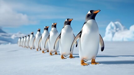Obraz premium Penguins Waddling in Synchronized Lines on Snowy Terrain