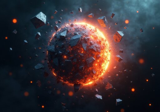 Fiery planet surrounded by debris in a cosmic setting with glowing lava effect
