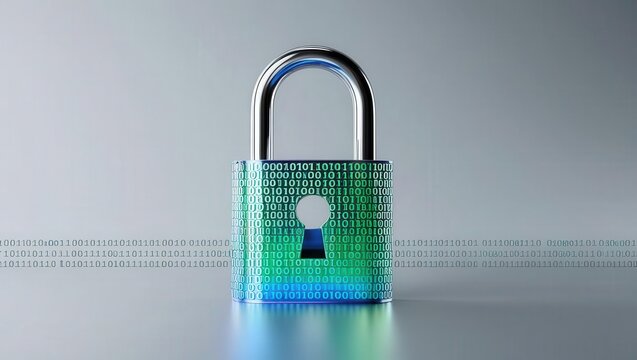 Cyber security concept binary code flowing through transparent padlock digital environment high-resolution visual