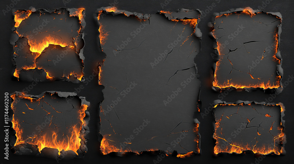 Poster burnt paper edges and parchment sheets with fire and black ash isolated on transparent background. v