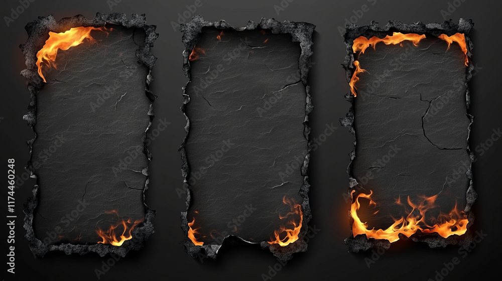 Poster burnt paper edges and parchment sheets with fire and black ash isolated on transparent background. v