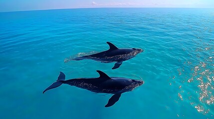 Fototapeta premium Synchronized Whales Surfacing in Calm Waters