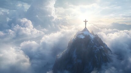 Crucifix standing tall on a mountain peak with radiant sunlight streaming through the clouds