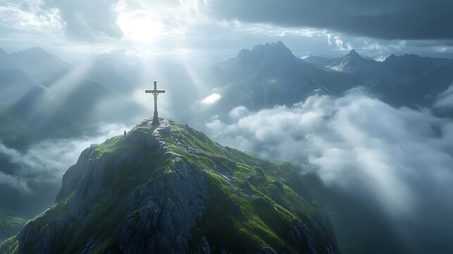 Crucifix standing tall on a mountain peak with radiant sunlight streaming through the clouds