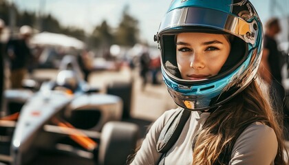 A young female racer in a helmet stands confidently at a motorsport event.