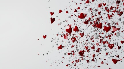 Colorful Heart Shape Explosion on White Background Representing Love and Affection in Various Shades and Sizes