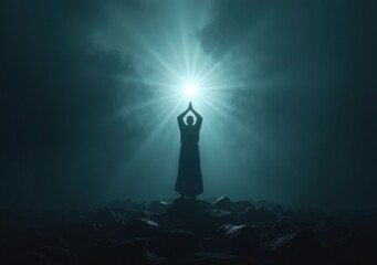 Fototapeta premium Mystic figure raises hands in light amidst darkness in an ethereal landscape
