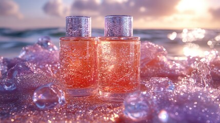 Two sparkling perfume bottles on a sandy beach with ocean waves in the background.