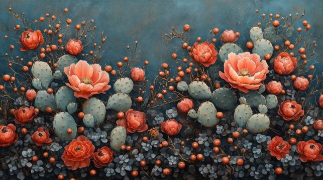 Detailed close-up of prickly pear cacti and red flowers arranged artistically on a textured blue background.
