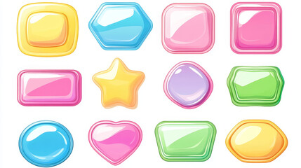 Glossy geometric buttons and frames for game or web user interface design. Vector cartoon set of ui elements different shapes, pink, yellow, blue and green buttons and empty borders