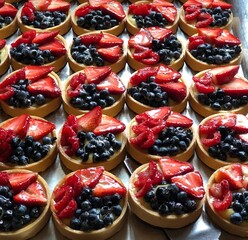Close up view of fruit covered delicious custard desserts