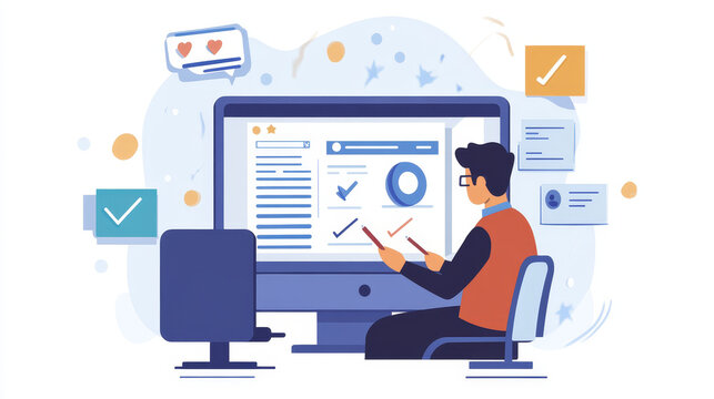 man working on computer, flat design style clip art preview