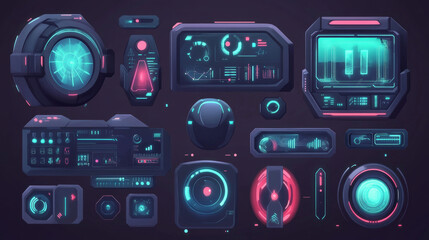 Fototapeta premium Set of Sci Fi Cartoon User Interface Elements. Futuristic Abstract HUD. Good for game UI. Vector Illustration EPS10
