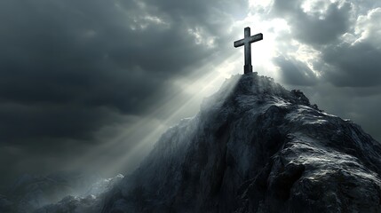 Cross at the peak of a rugged mountain with sunlight streaming through an overcast sky