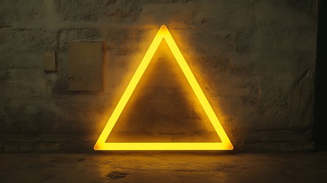 Glowing Yellow Triangle Neon Sign Against Brick Wall