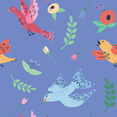 handdrawn seamless pattern with birds and flowers. Perfect for romantic design