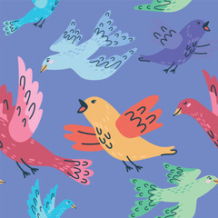 Seamless pattern featuring handdrawn cute colorful birds
