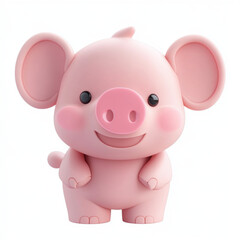 Cute cartoon pig character with cheerful expression, designed in playful style. This adorable pink pig features large ears and round body, perfect for children illustrations or toys