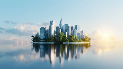 Fototapeta premium A serene cityscape rises from a tranquil body of water, showcasing modern skyscrapers amidst lush greenery and bathed in soft sunlight.