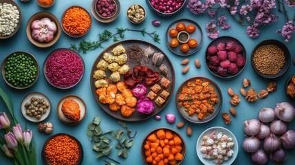 Flat lay of international cuisines for Nowruz celebrations.