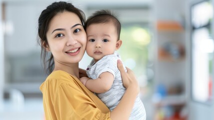 Fototapeta premium A joyful mother smiles while holding her baby in a bright, modern setting, showcasing a moment of love and connection.