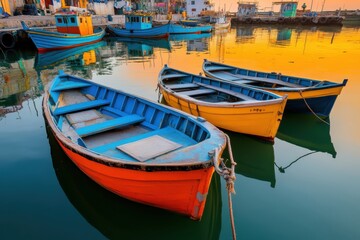 Vibrant Traditional Fishing Boats Docked at Sunset on Calm Waters, Reflecting Orange and Blue Hues in the Harbor at Dusk, Creating a Serene Coastal Scene