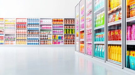 Naklejka premium Frozen food section with visible doors and colorful packaging, white backdrop