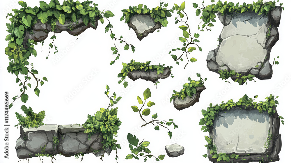 Poster game ui design kit of borders, plates and buttons with stone texture and jungle liana vines and gree