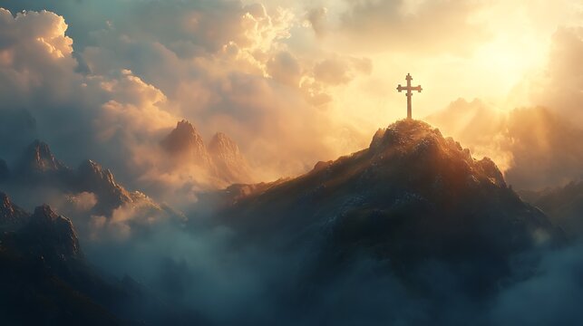 Cross on a tranquil mountain ridge with sunlight streaming through the cloudy heavens